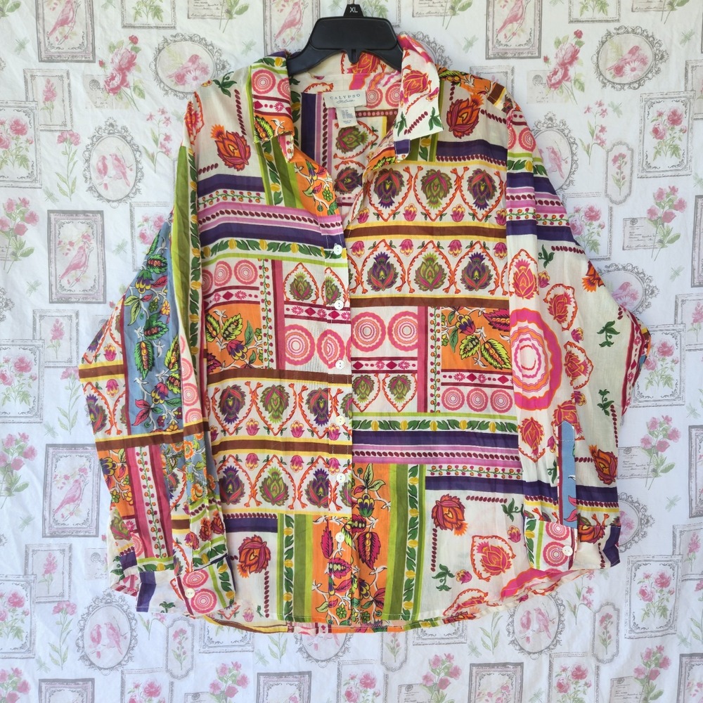 Calypso St Barth 2X Button Front Shirt Patchwork Floral Multicolor Cotton Boho